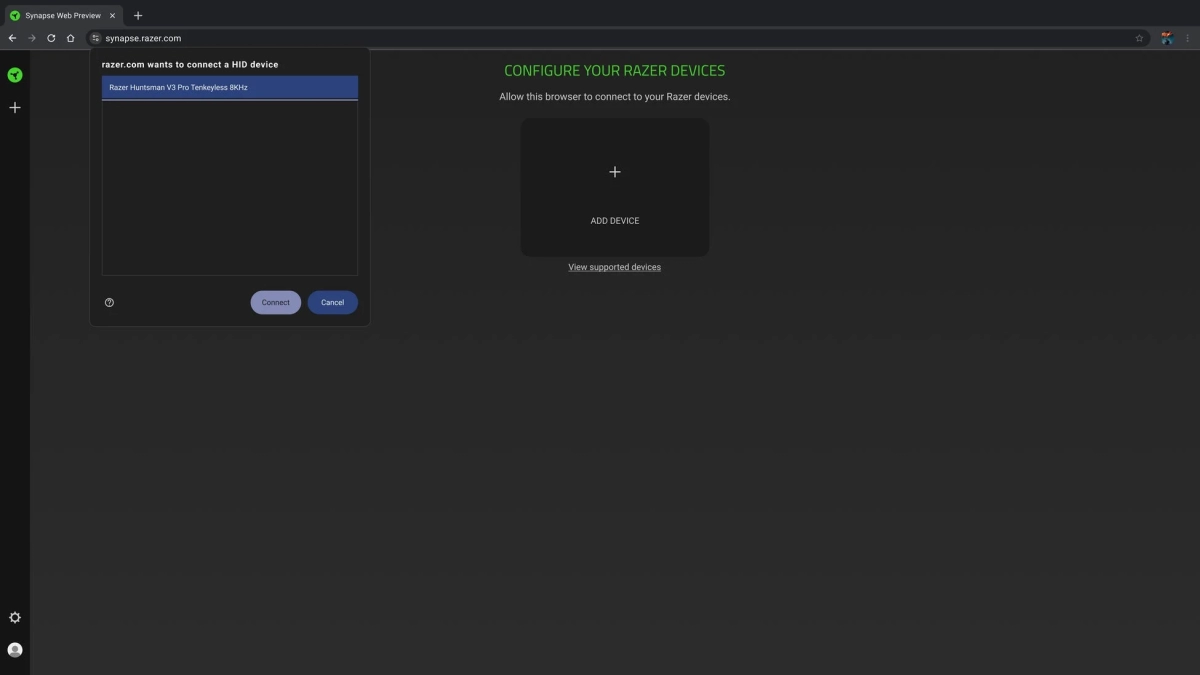 Razer Synapse WebでHIDデバイスへの接続を許可する画面
