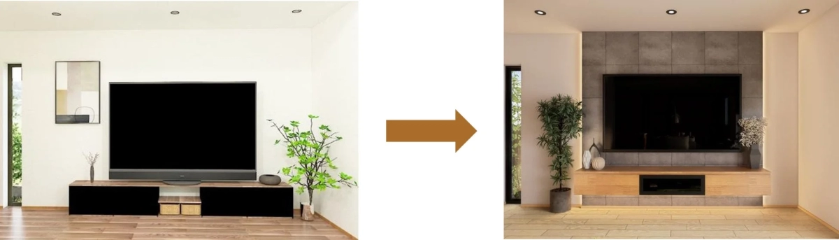 リビングのテレビ周りのビフォーアフターを示す画像です。左側はシンプルな白い壁と独立したテレビボードですが、右側では壁がタイル調のアクセントウォールになり、木製のフロートテレビボードが設置され、全体的にモダンで洗練された空間にリノベーションされています。