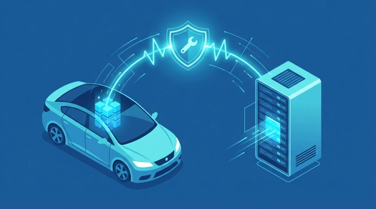 自動車とサーバーのデータ通信、セキュリティ・メンテナンスイラスト