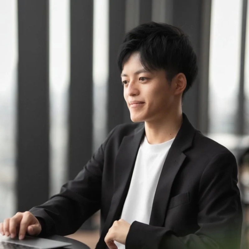 黒いジャケットと白いTシャツを着た若い男性が、窓を背景に穏やかな表情で横を向いている写真