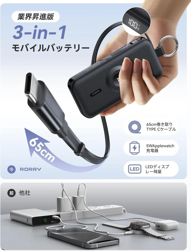 RORRY 12000mAh・巻き取り式ケーブル内蔵モバイルバッテリー