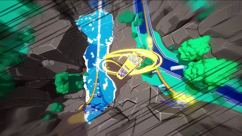 アニメ調の俯瞰視点で描かれた山間部の風景。川と道路が並行し、黄色い未来的な乗り物が高速でカーブを走行する様子が、スピード感たっぷりに表現されています。