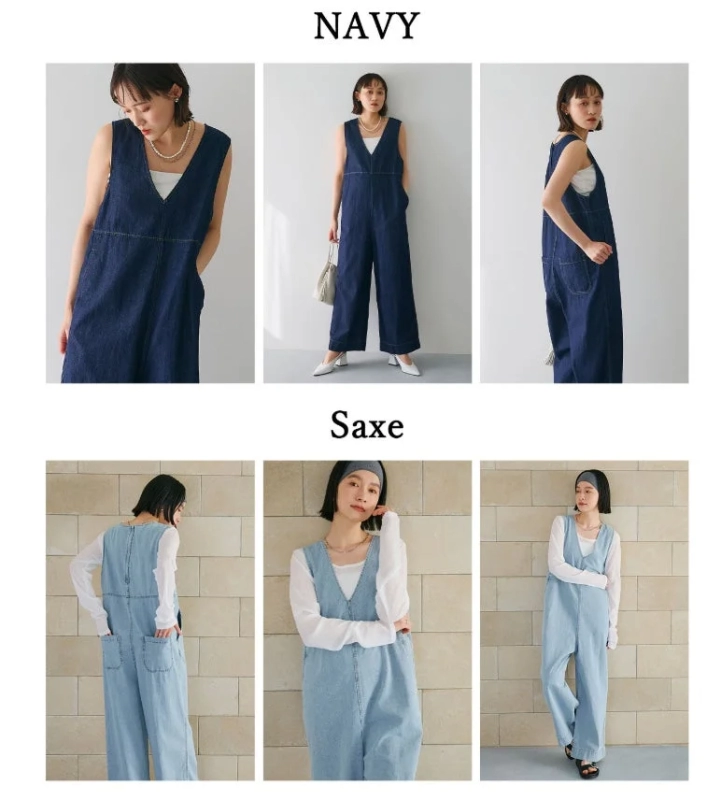 デニム,オーバーオール,サロペット,ジャンプスーツ,ファッション,女性,モデル,カジュアル,ネイビー,サックスブルー,ノースリーブ,春夏ファッション