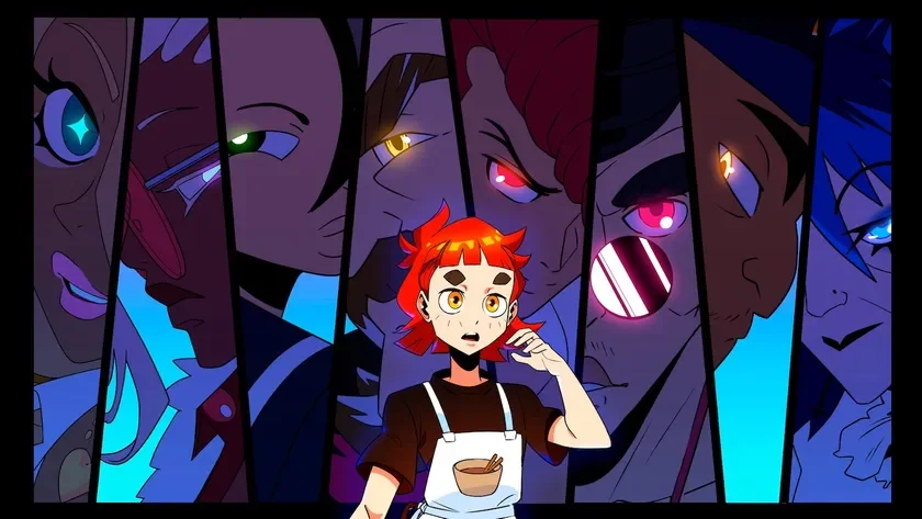 赤い髪のキャラクターが中央で驚いた表情をしており、その背後には様々な色の光る目を持つ複数の人物の顔が縦長のパネルで描かれたアニメ風のイラストです。