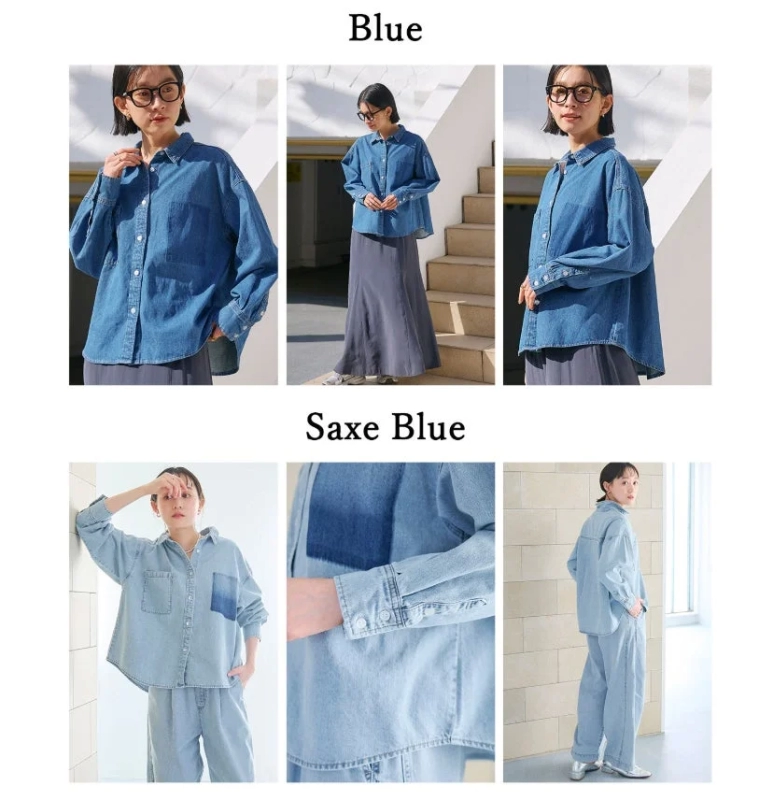 デニムシャツ,カジュアルファッション,女性モデル,ブルー,サックスブルー,コーディネート,長袖シャツ,デニム生地,アパレル