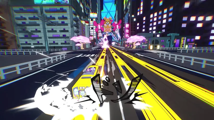 ネオン輝くサイバーパンクな都市の夜景で、巨大なロボットのような存在が立ち塞がる中、黄色い乗り物が爆発的な勢いで疾走しているアクションシーン。