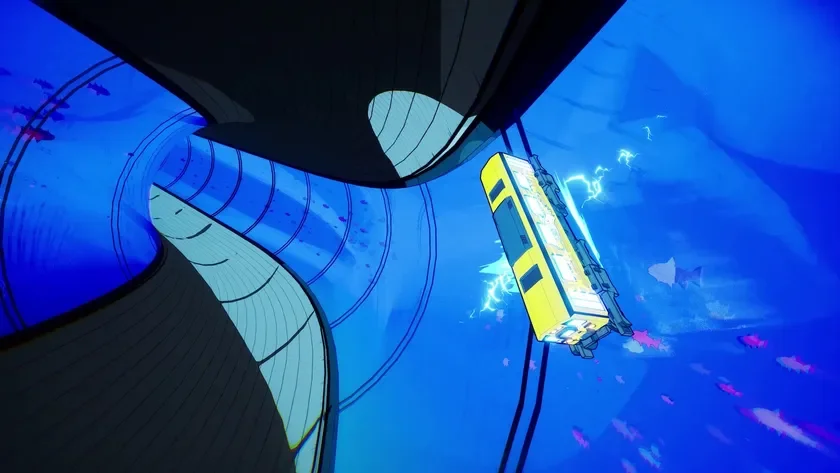 鮮やかな青い水中トンネルの中を、黄色い未来的な乗り物が雷のようなエネルギーを放ちながら進んでいます。周りには魚の群れが泳いでいます。