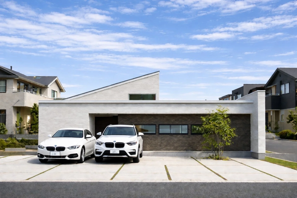 現代的な住宅と2台の白い車