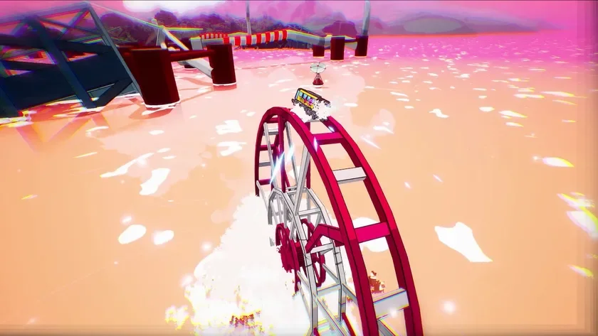 ピンクとオレンジを基調とした鮮やかな色彩のシュールな世界観のビデオゲームのスクリーンショット。バスのような乗り物がジェットコースターのレールの上を走っており、周囲には光る粒子が漂っている。抽象的な構造物と幻想的な空が広がる。